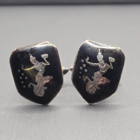 Willy Co Other - VTG Siam Sterling Silver Niello Cufflinks .75in Thai Dancer Signed Willy Co